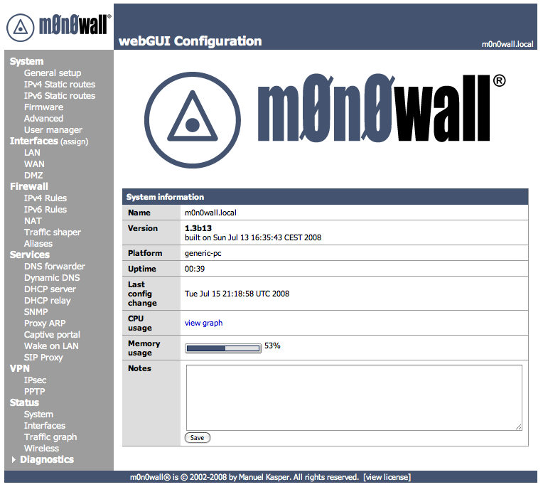 The System Status screen